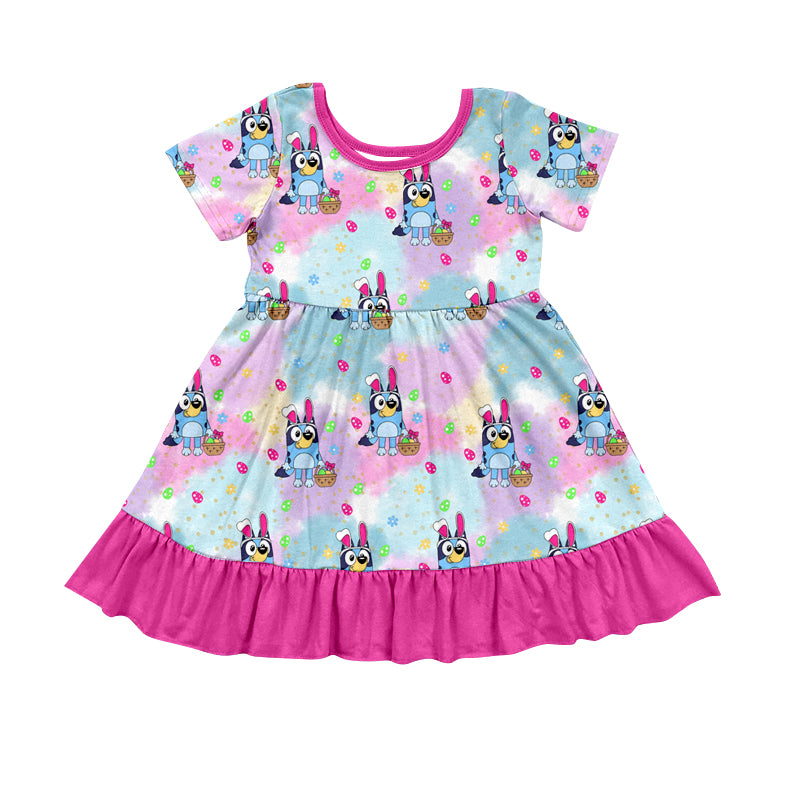 Baby Girls Easter Cartoon Dog Rabbit Ear Ruffle Knee Length Dresses Preorder(moq 5)