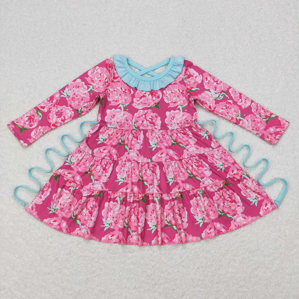 Baby Girls Pink Flowers Long Sleeve Knee Length Dresses