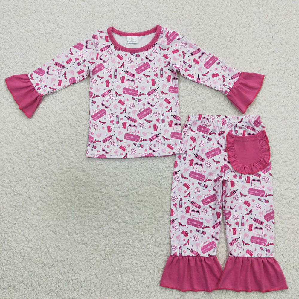 Baby Girls Doll 2pcs Pink Color Ruffle Jammies Pajamas Clothes Sets