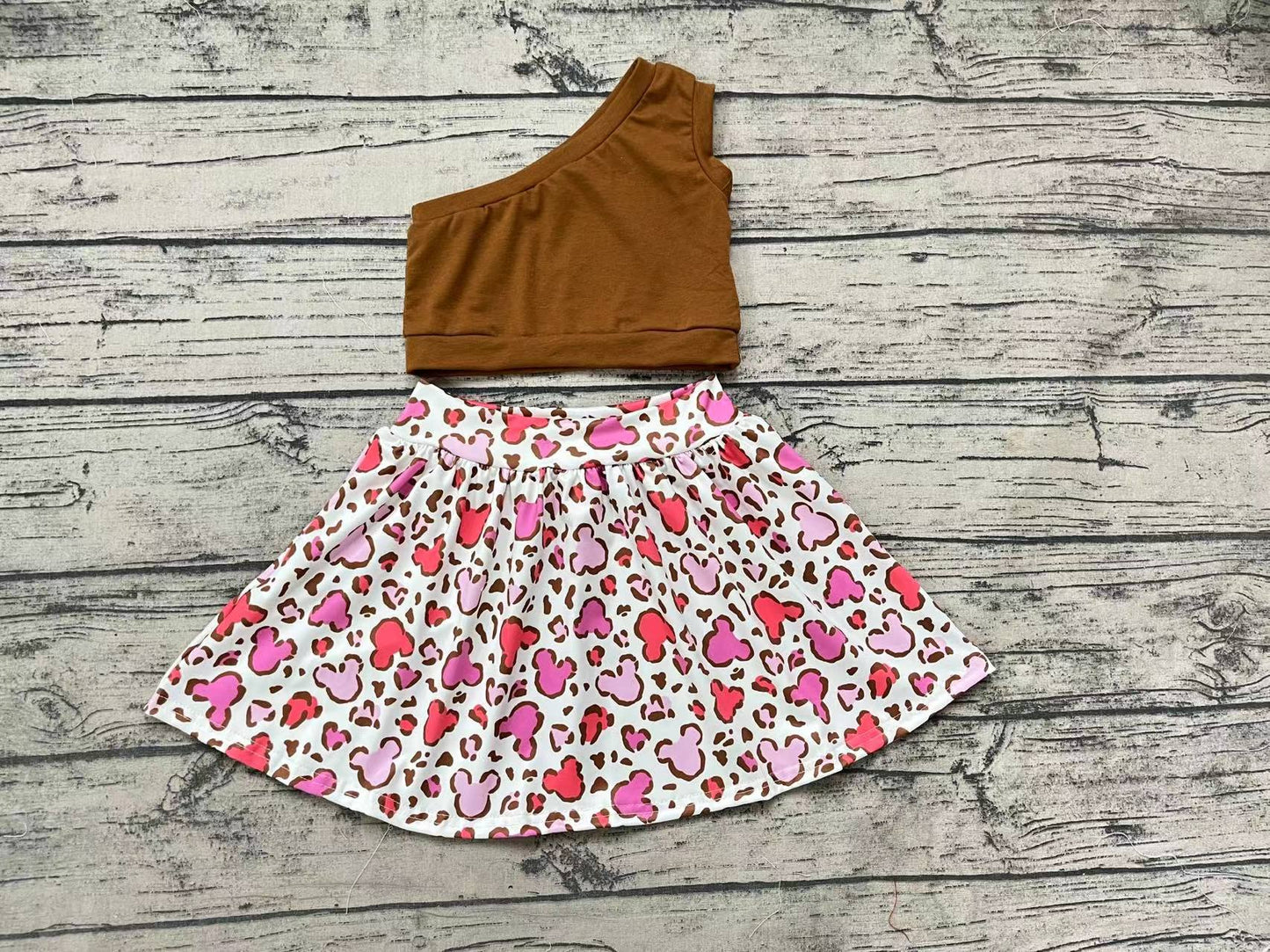 Baby Girls One Shoulder Top Brown Mouse Skirts Clothes Sets