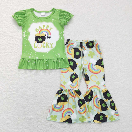 Baby Girls Happy Lucky Shirts Tops St Patrick Day Bell Pants Clothes Sets