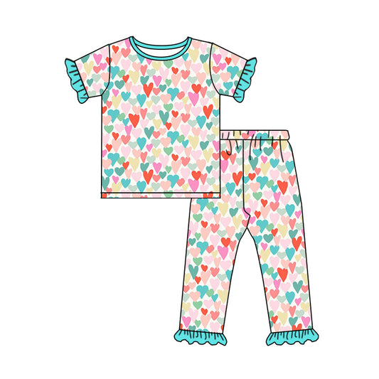 Baby Girls Valentines Colorful Hearts Short Sleeve Tee Shirt Pants Pajamas Clothing Sets Preorder(moq 5)