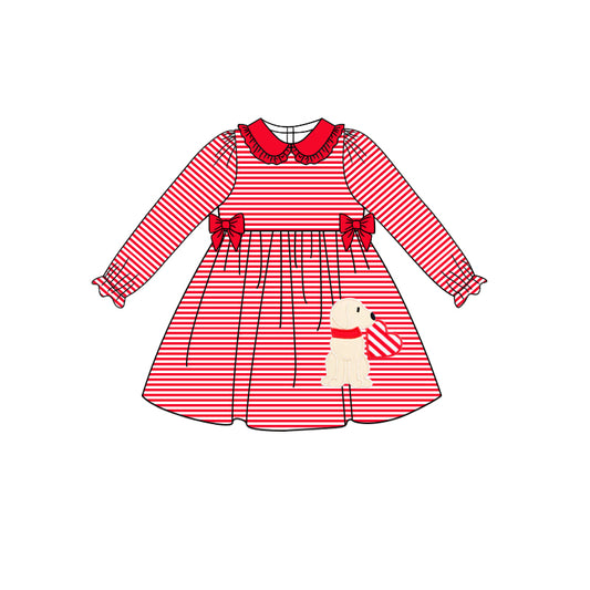 Baby Girls Red Stripes Valentines Dogs Long Sleeve Knee Length Dresses preorder(moq 5)