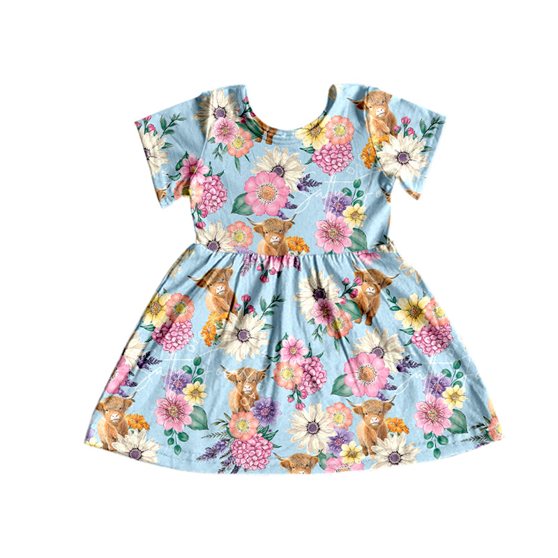 Baby Girls Western Spring Highland Cow Flowers Dresses Preorder(moq 5)