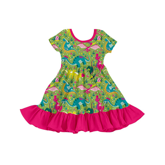 Baby Girls Green Dinosaurs Short Sleeve Ruffle Knee Length Dresses Preorder(moq 5)