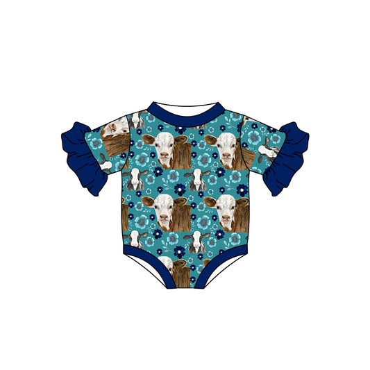 Baby Girls Western Spring Highland Cow Blue Rompers preorder(moq 5)