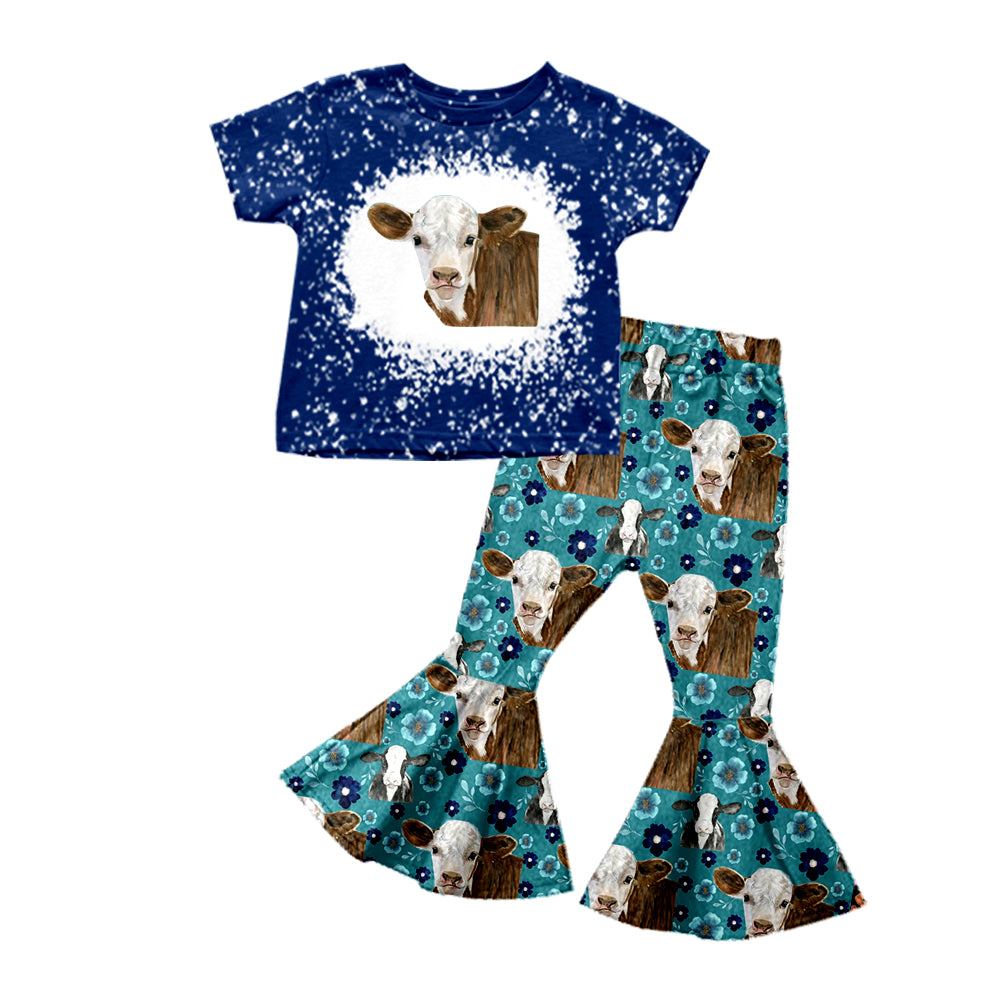 Baby Girls Highland Cow Western Blue Spring Top Bell Pants Sets Preorder(moq 5)