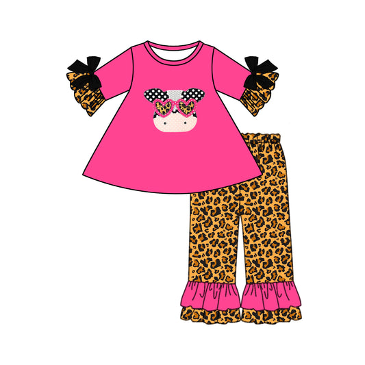Baby Girls Cow Tunic Top Ruffle Leopard Pants Clothing Sets Preorder(moq 5)
