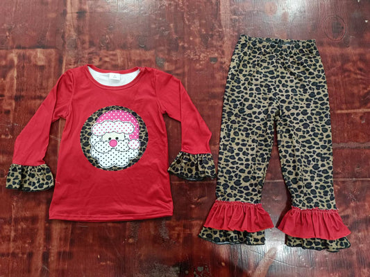 Baby Girls Christmas Santa Top Ruffle Leopard Pants Clothes Sets preorder(moq 5)