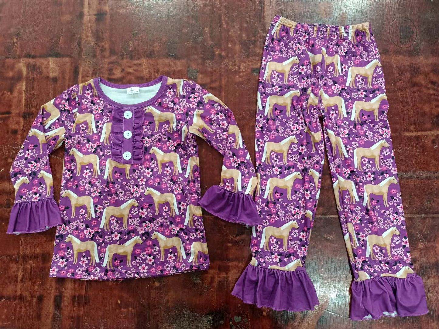 Baby Girls Purple Horse Flowers Top Pants Pajamas Clothes Sets preorder(moq 5)