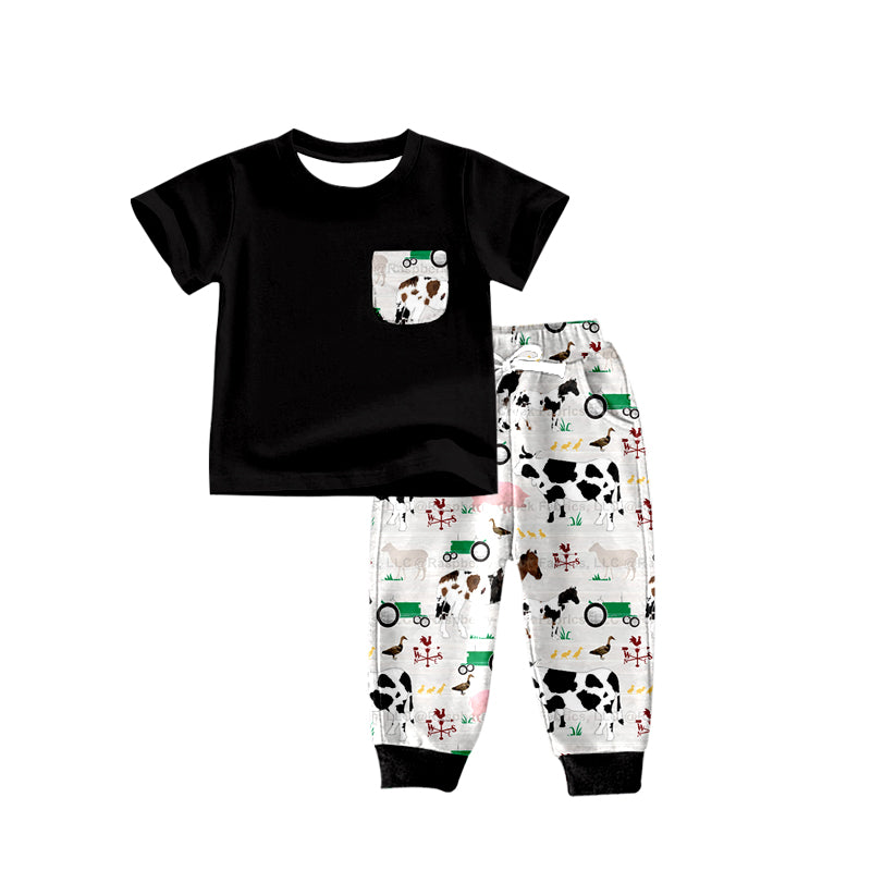 Baby Boys Black Pocket Top Cow Farm Pants Sets Preorder(moq 5)