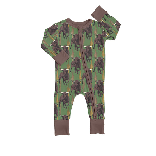 Baby Boys Western Green Cows Long Sleeve Zip Rompers preorder(moq 5)