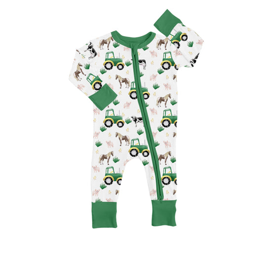 Baby Infant Kids Green Farm Tractor Long Sleeve Zip Rompers preorder(moq 5)