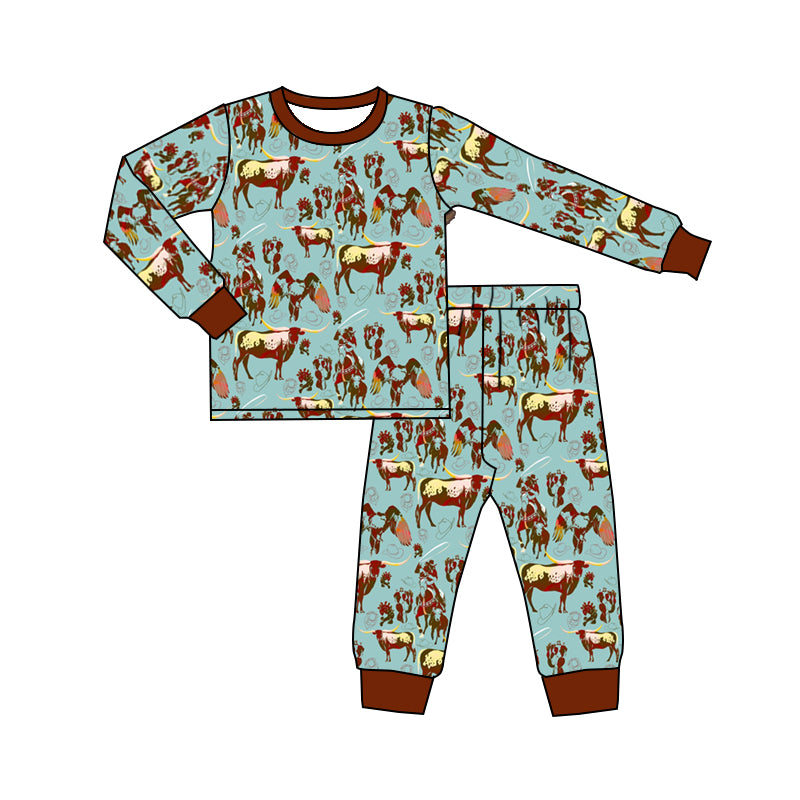 Baby Boys Western Green Cows Shirts Top Pants Pajamas Clothes Sets preorder(moq 5)