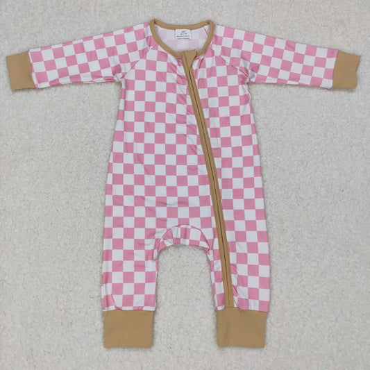 Baby Infants Kids Pink Checkered Zip Long Sleeve Rompers