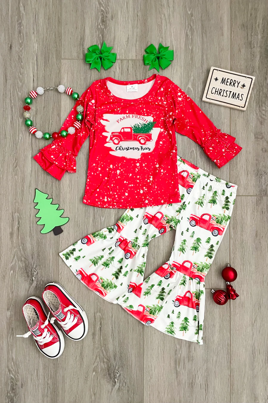 Baby Girls Christmas Tractor tree bell pants clothes sets