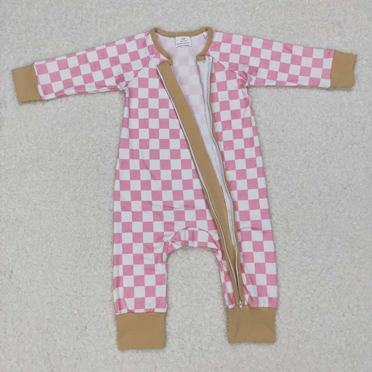 Baby Infants Kids Pink Checkered Zip Long Sleeve Rompers