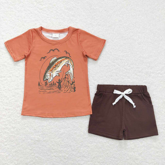 Baby Boys Orange Fishing Tee Shirts Brown Shorts Summer Clothes Sets