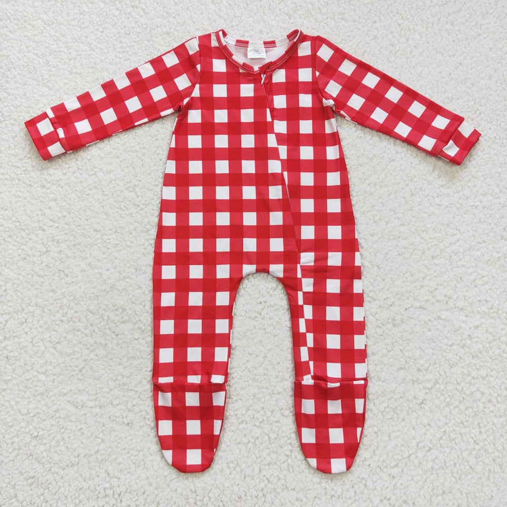 Baby Kids Zip Footie Christmas Red Checkered Color Winter Rompers