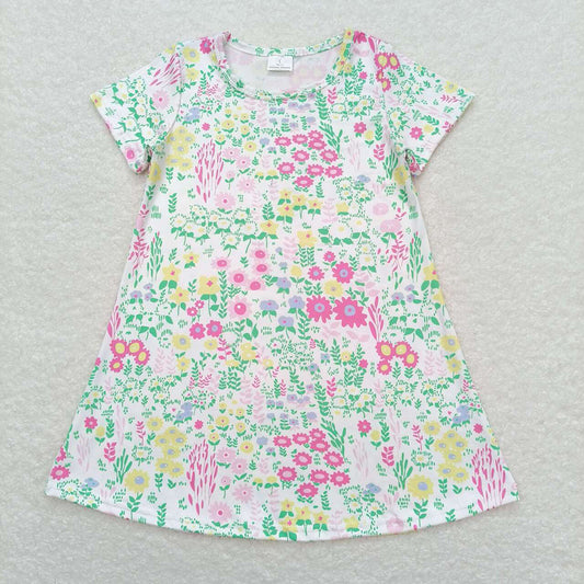 Baby Girls Pink Green Flowers Short Sleeve Knee Length Dresses
