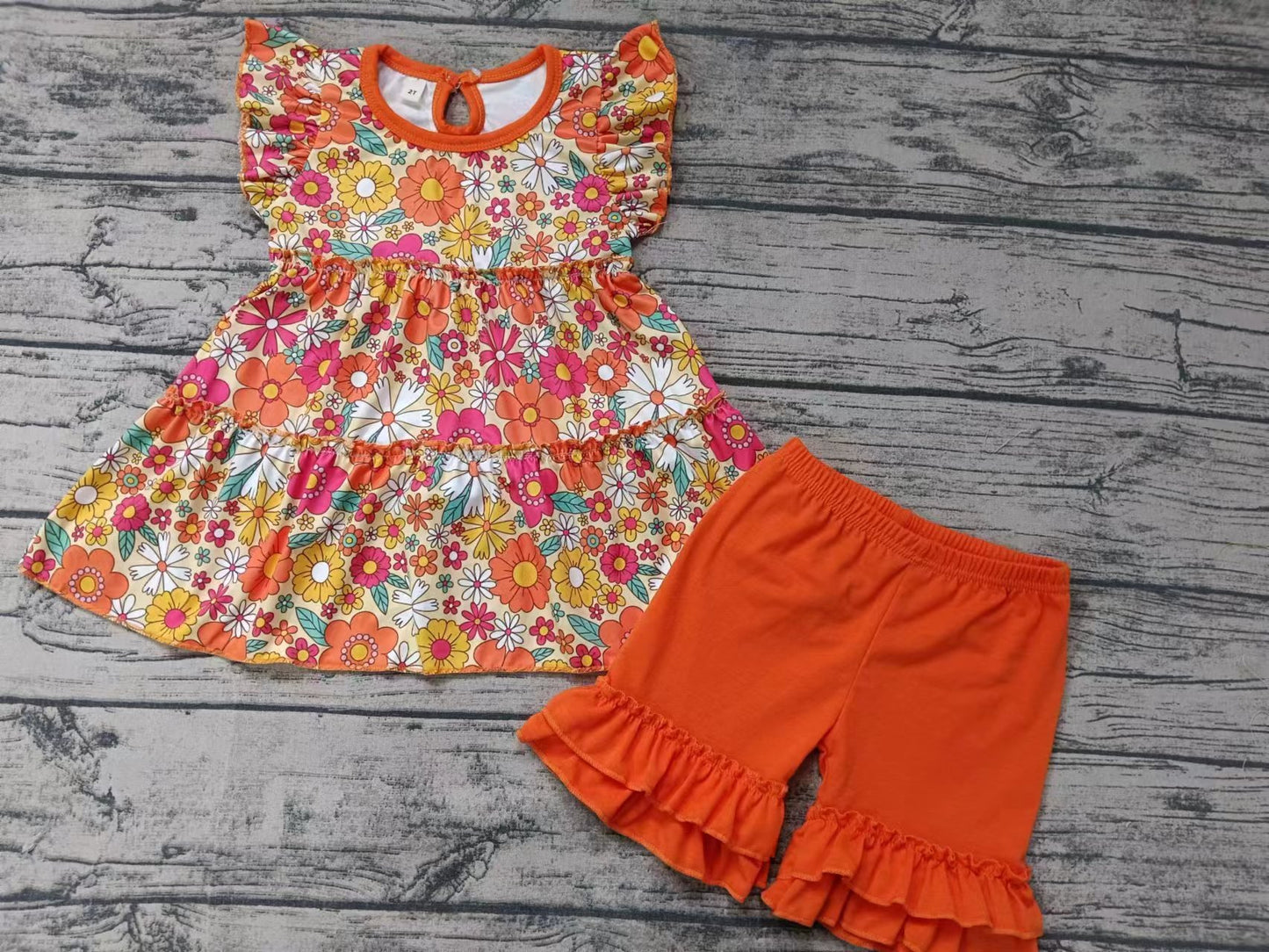 Baby Girls Orange Flowers Tunic Top Ruffle Shorts Clothes Sets Preorder(moq 5)