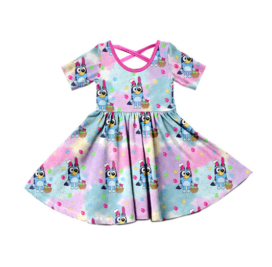 Baby Girls Easter Cartoon Dog Rabbit Ear Short Sleeve Dresses Preorder(moq 5)