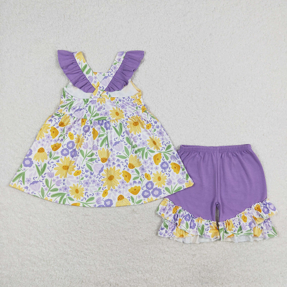 Baby Girls Purple Flowers Tunic Top Ruffle Shorts Clothes Sets
