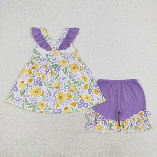Baby Girls Purple Flowers Tunic Top Ruffle Shorts Clothes Sets