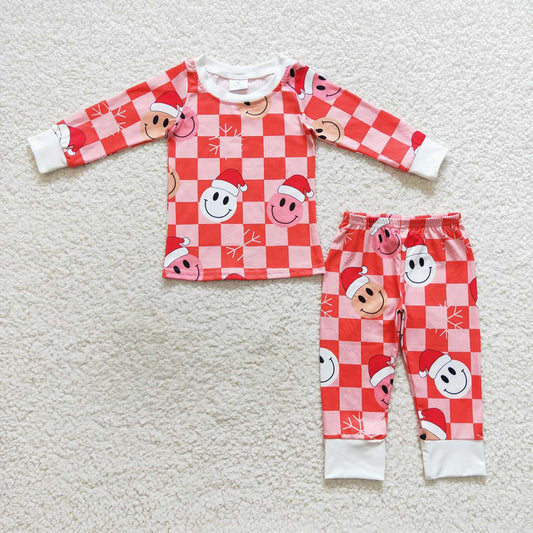 Baby Girls Christmas Red Checkered Smile 2pcs Pajamas Clothes Sets