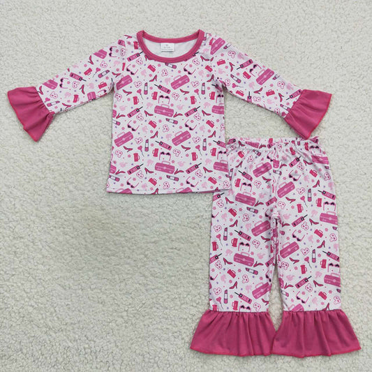 Baby Girls Doll 2pcs Pink Color Ruffle Jammies Pajamas Clothes Sets