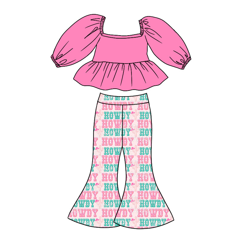 Baby Girls Pink Tee Shirt Western Howdy Bell Pants Clothing Sets Preorder(moq 5)