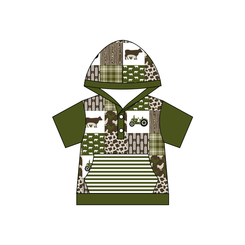 Baby Boys Green Farm Cows Short Sleeve Hooded Shirts Preorder(moq 5)