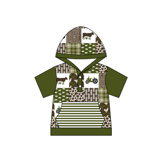 Baby Boys Green Farm Cows Short Sleeve Hooded Shirts Preorder(moq 5)