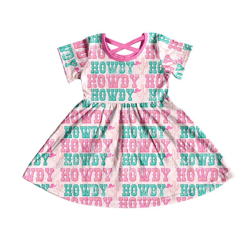 Baby Girls Short Sleeve Western Pink Howdy Knee Length Dresses Preorder(moq 5)