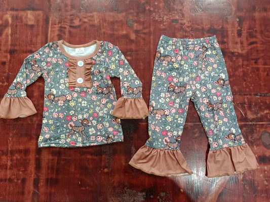 Baby Girls Flowers Deer Fall Top Ruffle Pants Pajamas Sets preorder(moq 5)