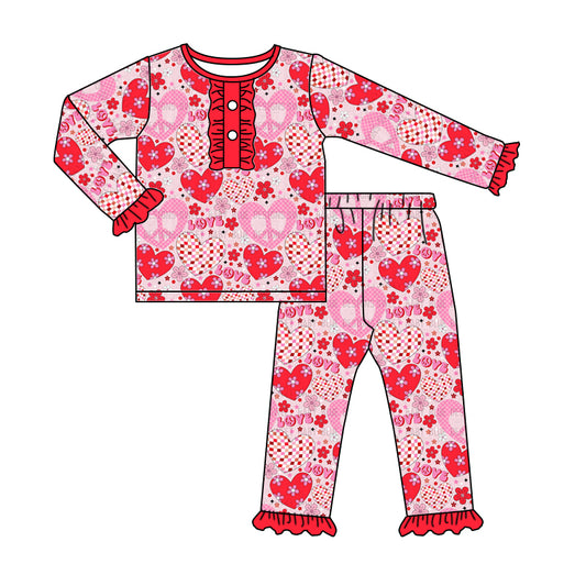 Baby Girls Pink Tee Shirt Valentines Hearts Ruffle Pajamas Clothing Sets Preorder(moq 5)