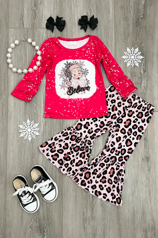 Baby Girls Christmas Santa Believe Shirt Leopard Bell Pants Clothes Sets