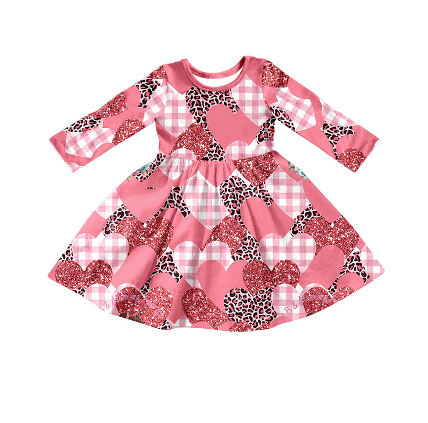 Baby Girls Valentines Leopard Hearts Long Sleeve Knee Length Dresses preorder(moq 5)