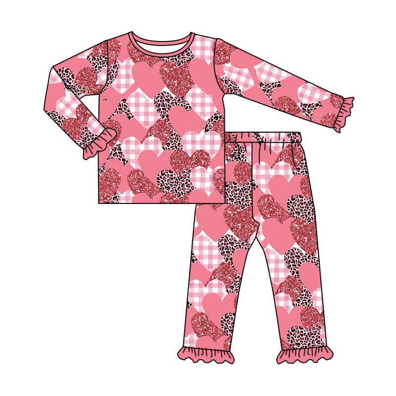 Baby Girls Hearts Valentines Leopard Shirts Top Pants Pajamas Clothes Sets preorder(moq 5)