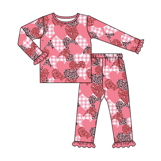 Baby Girls Hearts Valentines Leopard Shirts Top Pants Pajamas Clothes Sets preorder(moq 5)