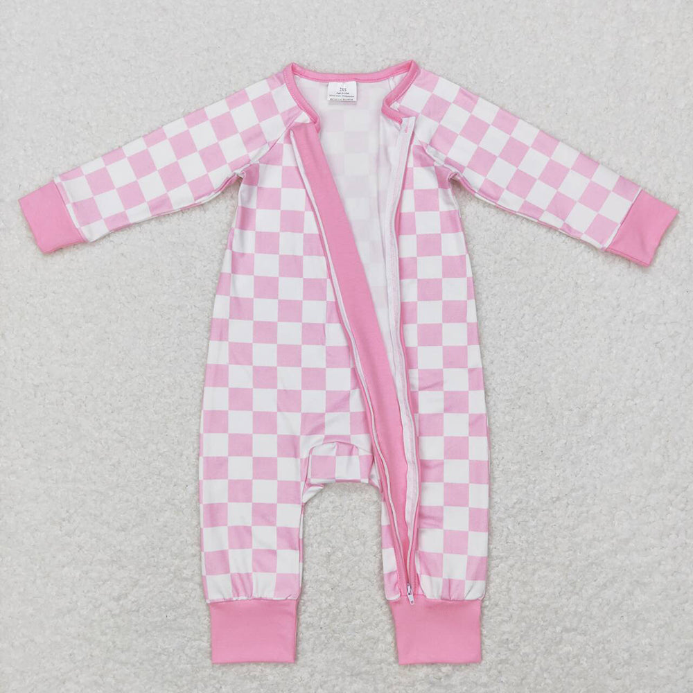 Baby Infant Girls Pink Checkered Long Sleeve Zip Sleepers Rompers