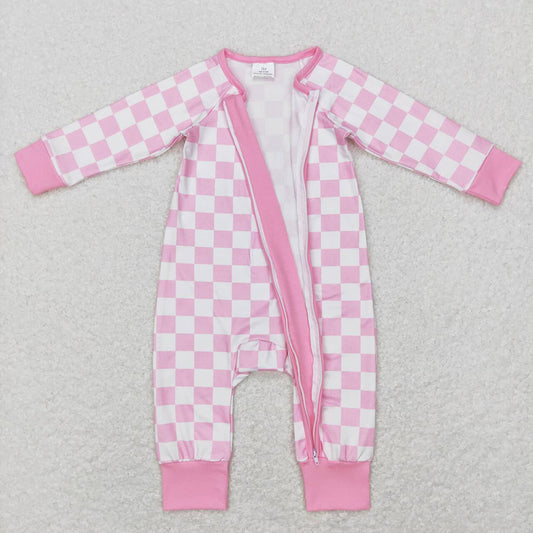 Baby Infant Girls Pink Checkered Long Sleeve Zip Sleepers Rompers