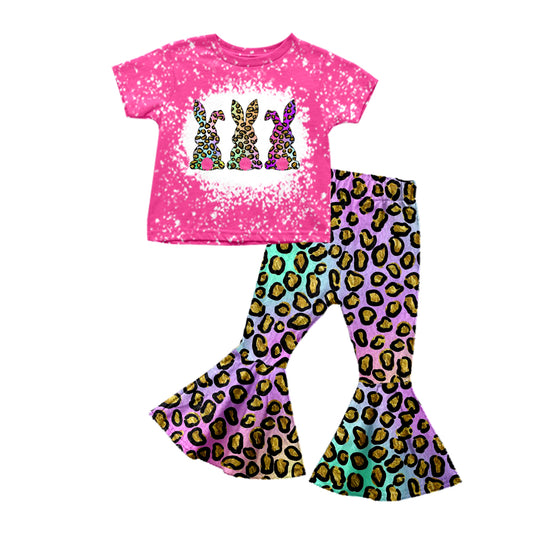 Baby Girls Easter Rabbits Pink Top Leopard Bell Pants Clothing Sets Preorder(moq 5)
