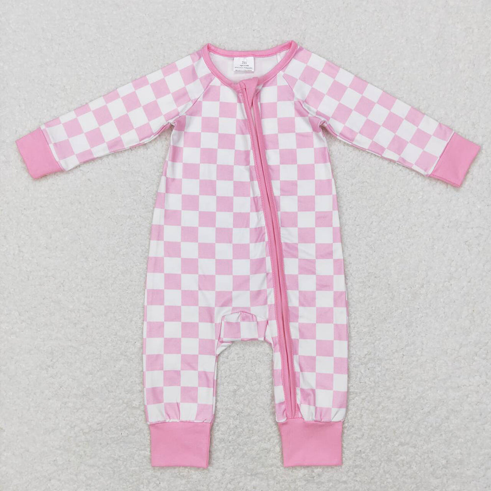 Baby Infant Girls Pink Checkered Long Sleeve Zip Sleepers Rompers