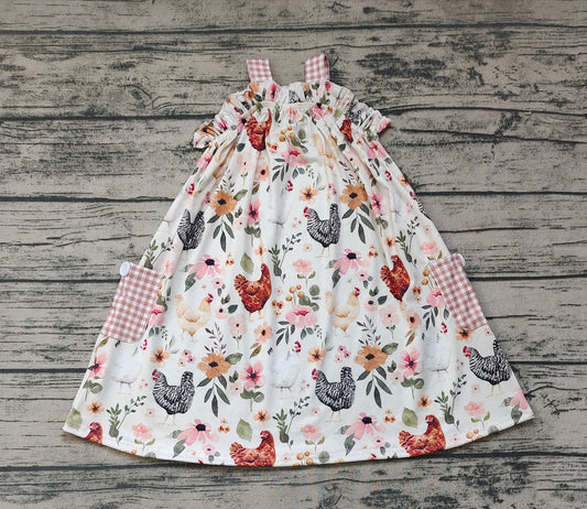 Baby Girls Chicken Flowers Pockets Stripes Knee Length Dresses