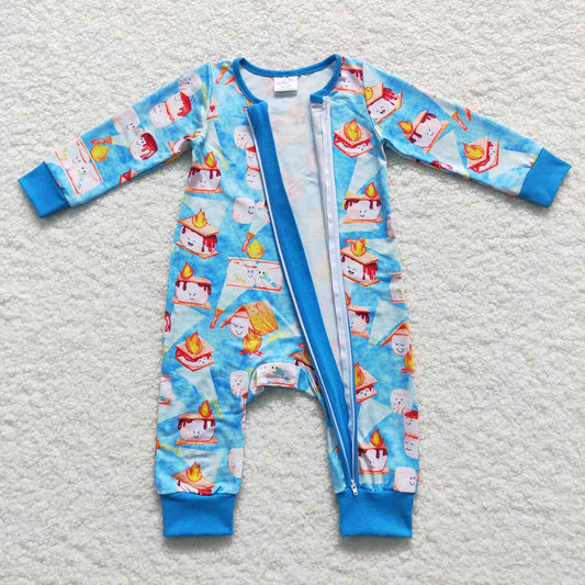 Baby Boys Blue Color Smore Cookie Fire Zip Rompers