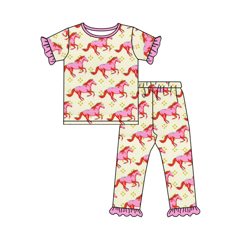 Baby Girls Horse Pink Top Ruffle Pants Clothing Sets Preorder(moq 5)