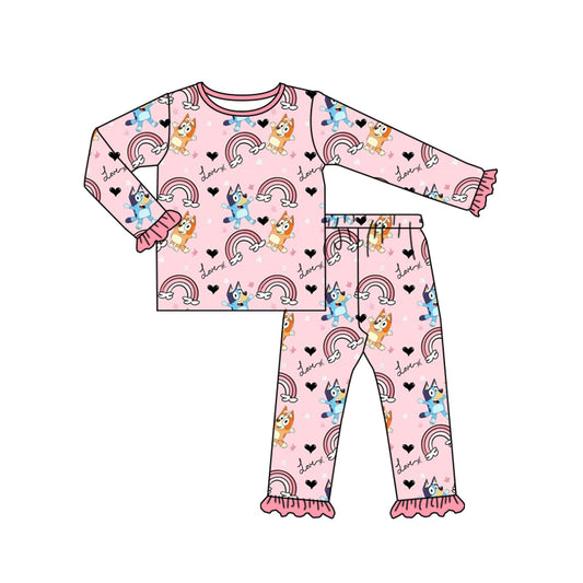 Baby Girls Hearts Valentines Rainbow Dogs Shirts Top Pants Pajamas Clothes Sets preorder(moq 5)