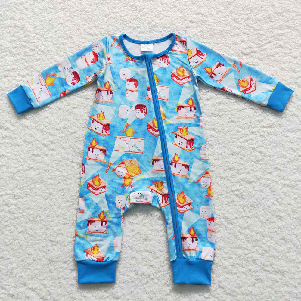 Baby Boys Blue Color Smore Cookie Fire Zip Rompers