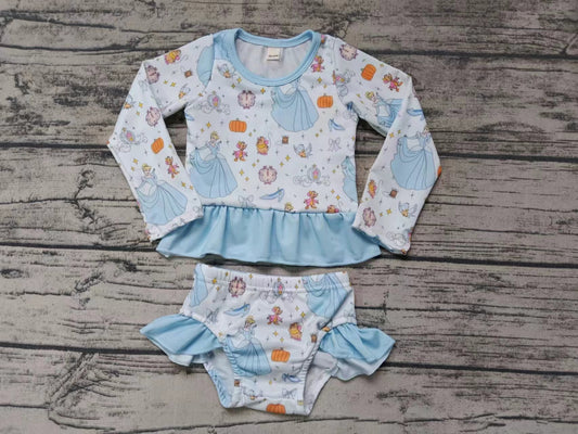 Baby Girls Cartoon Princess Pumpkin Ruffle Top Bummie Swimsuits Clothes Sets Preorder(moq 5)